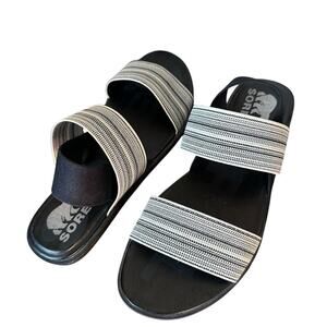 New Sorel Ella Black Striped Slide Slingback Sandals Sz 8